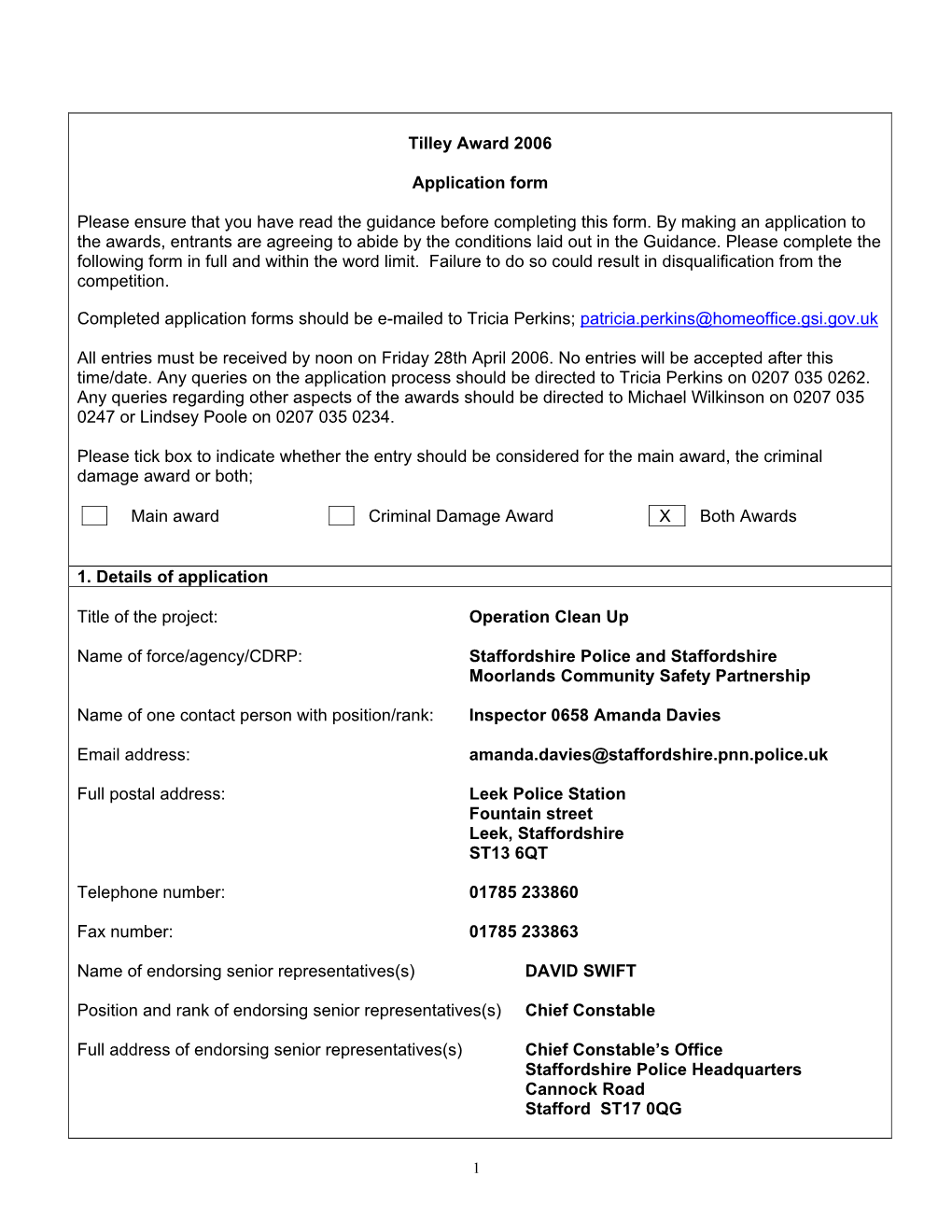 Tilley Award 2006 Application Form Please Ensure That You Have Read