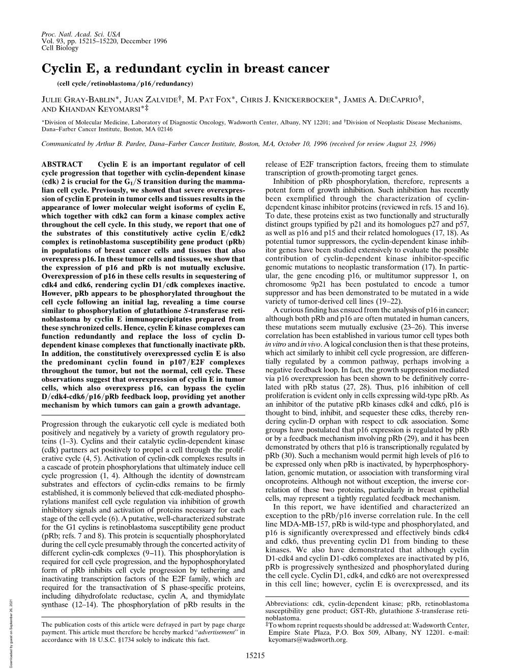 Cyclin E, a Redundant Cyclin in Breast Cancer (Cell Cycle͞retinoblastoma͞p16͞redundancy)