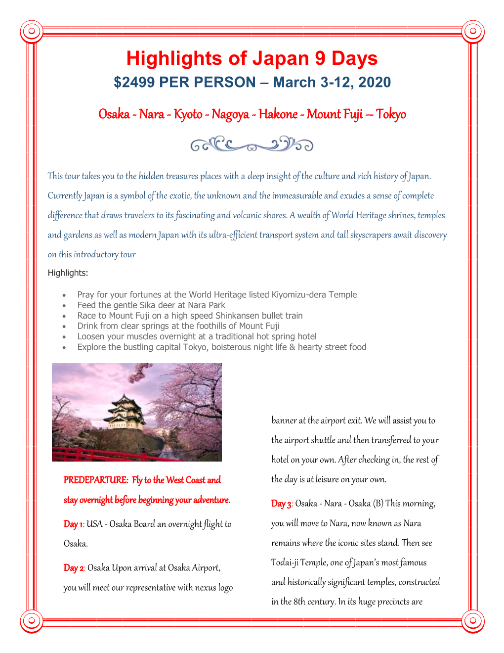 Highlights of Japan 9 Days $2499 PER PERSON – March 3-12, 2020