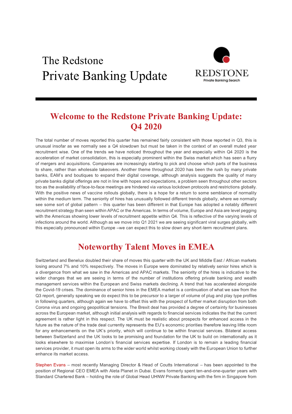 Redstone Private Banking Update Q4 2020