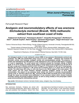 Analgesic and Neuromodulatory Effects of Sea Anemone Stichodactyla Mertensii (Brandt, 1835) Methanolic Extract from Southeast Coast of India