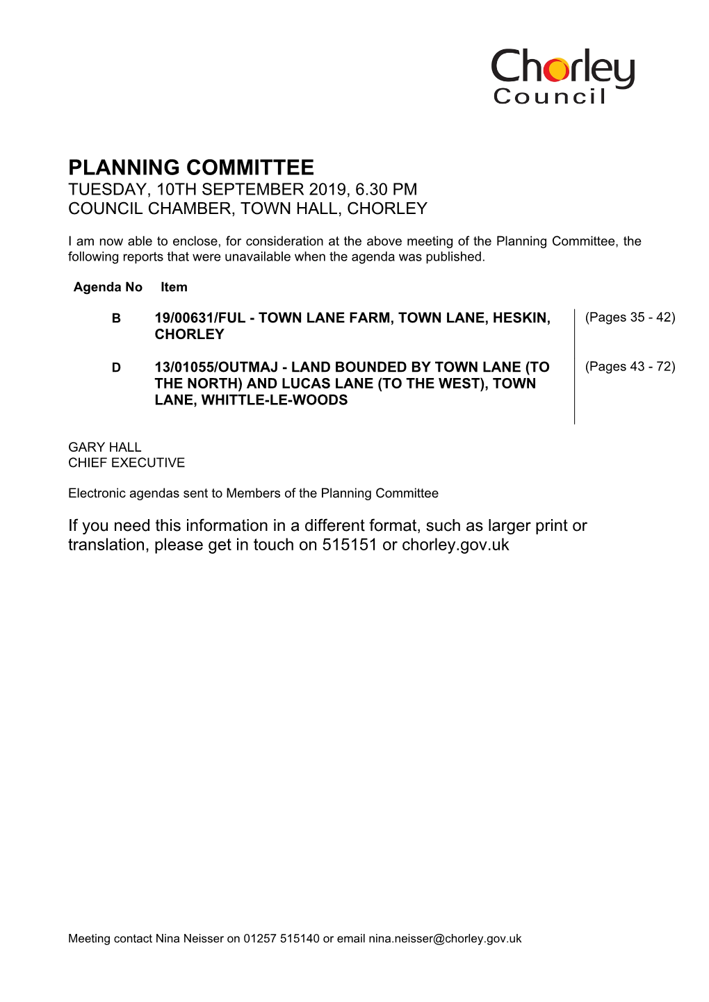 To Follow Agenda Supplement for Planning Committee, 10/09/2019