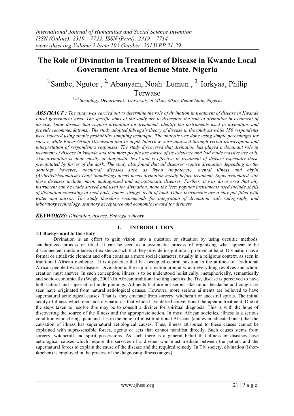 The Role of Divination in Treatment of Disease in Kwande Local Government Area of Benue State, Nigeria