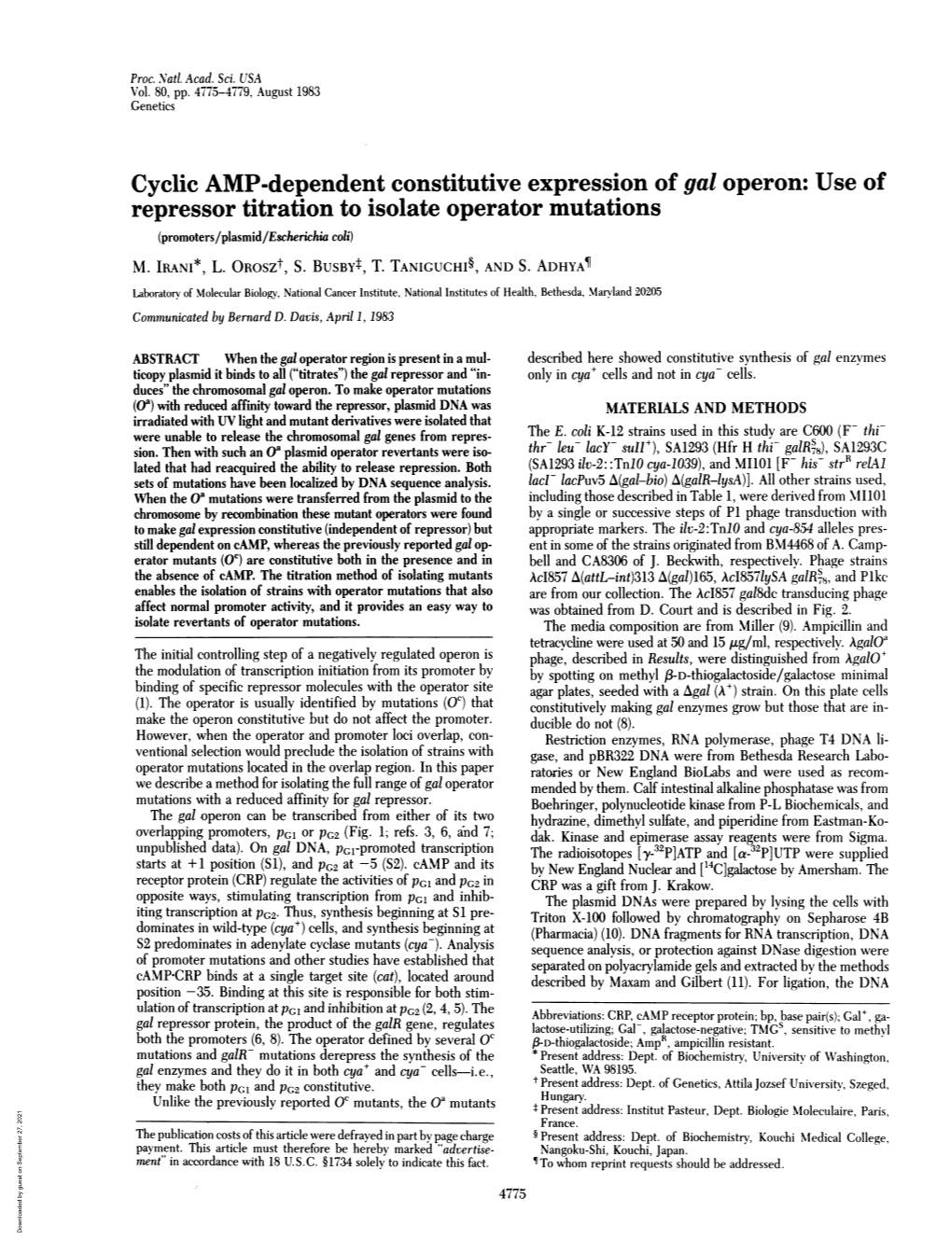 Cyclic AMP-Dependent Constitutive Expression of Gal Operon: Use of Repressor Titration to Isolate Operator Mutations (Promoters/Plasmid/Escheriehia Coli) M