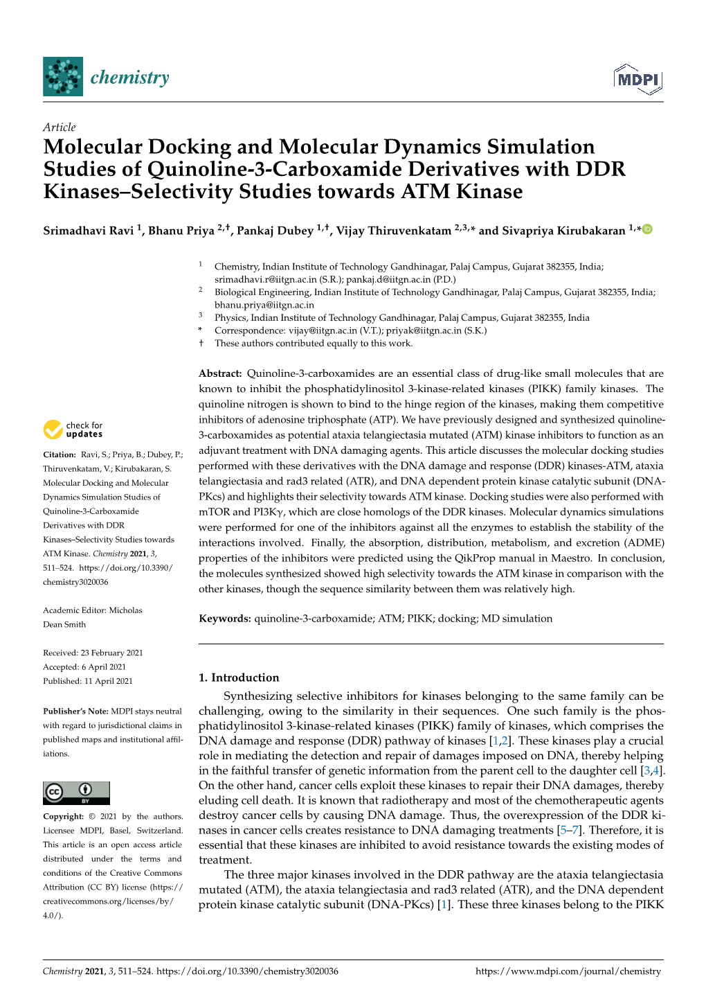 Molecular Docking and Molecular Dynamics Simulation Studies of Quinoline-3-Carboxamide Derivatives with DDR Kinases–Selectivity Studies Towards ATM Kinase