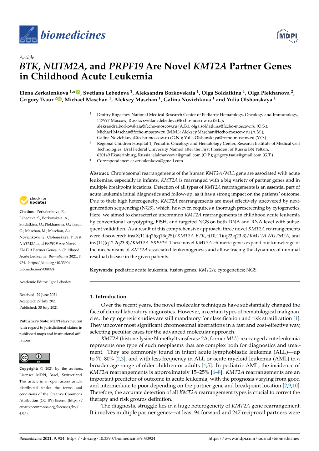 BTK, NUTM2A, and PRPF19 Are Novel KMT2A Partner Genes in Childhood Acute Leukemia
