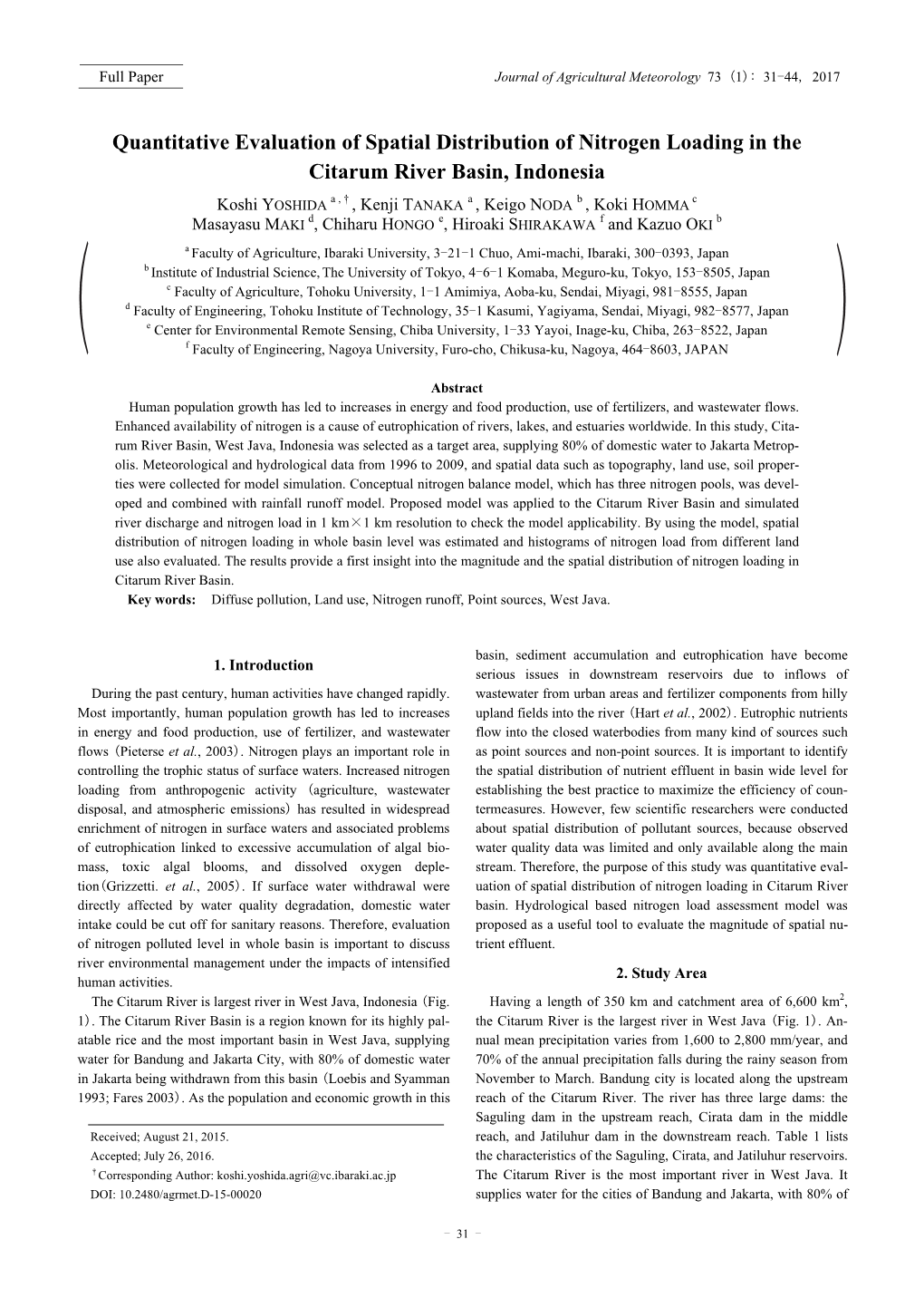 Quantitative Evaluation of Spatial Distribution of Nitrogen Loading in the Citarum River Basin, Indonesia