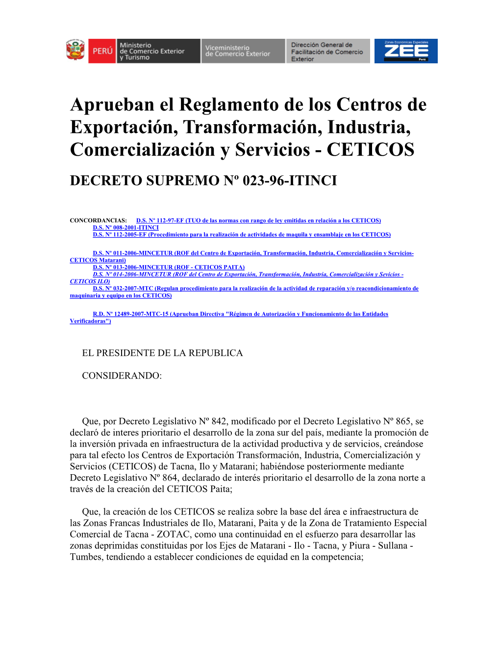 Ceticos Decreto Supremo Nº 023-96-Itinci