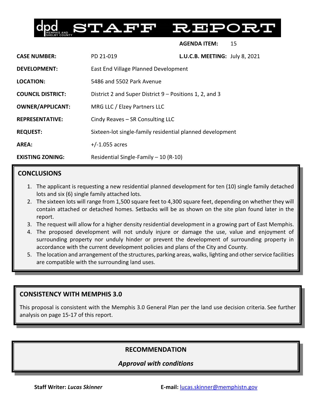 CONCLUSIONS RECOMMENDATION Approval with Conditions CONSISTENCY with MEMPHIS