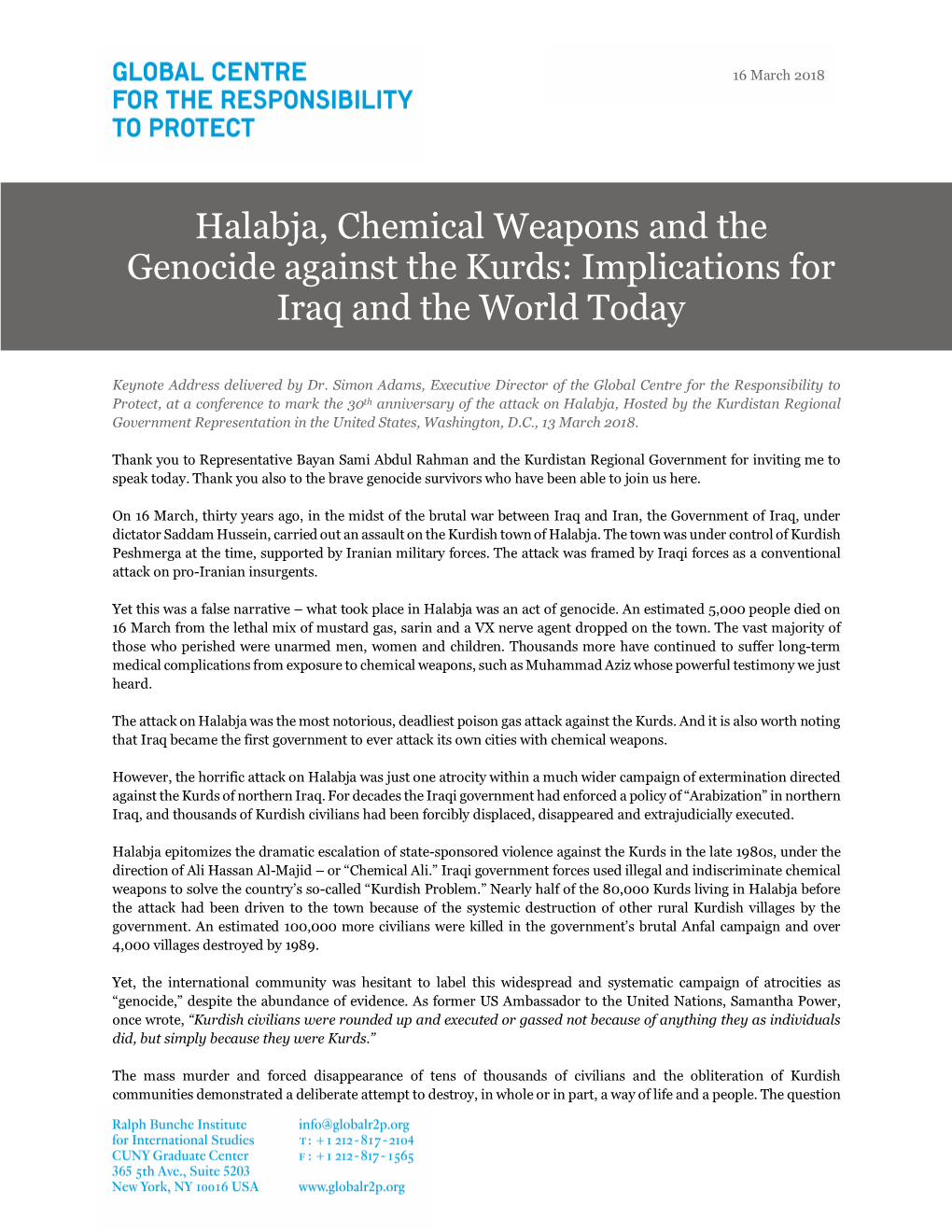 Halabja, Chemical Weapons and the Genocide Against the Kurds: Implications for Iraq and the World Today