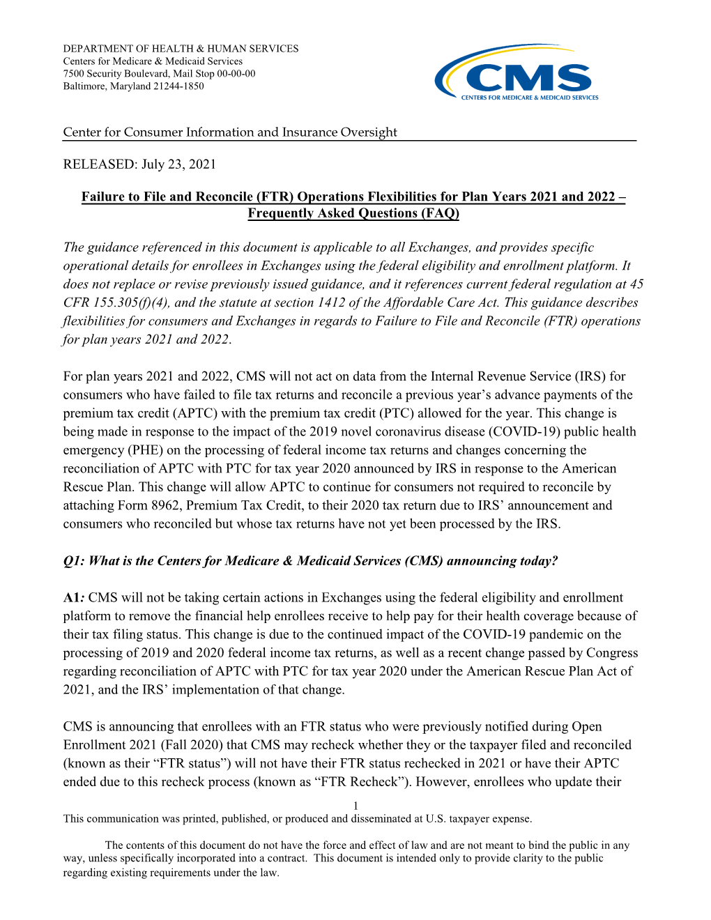 FTR) Operations Flexibilities for Plan Years 2021 and 2022 – Frequently Asked Questions (FAQ