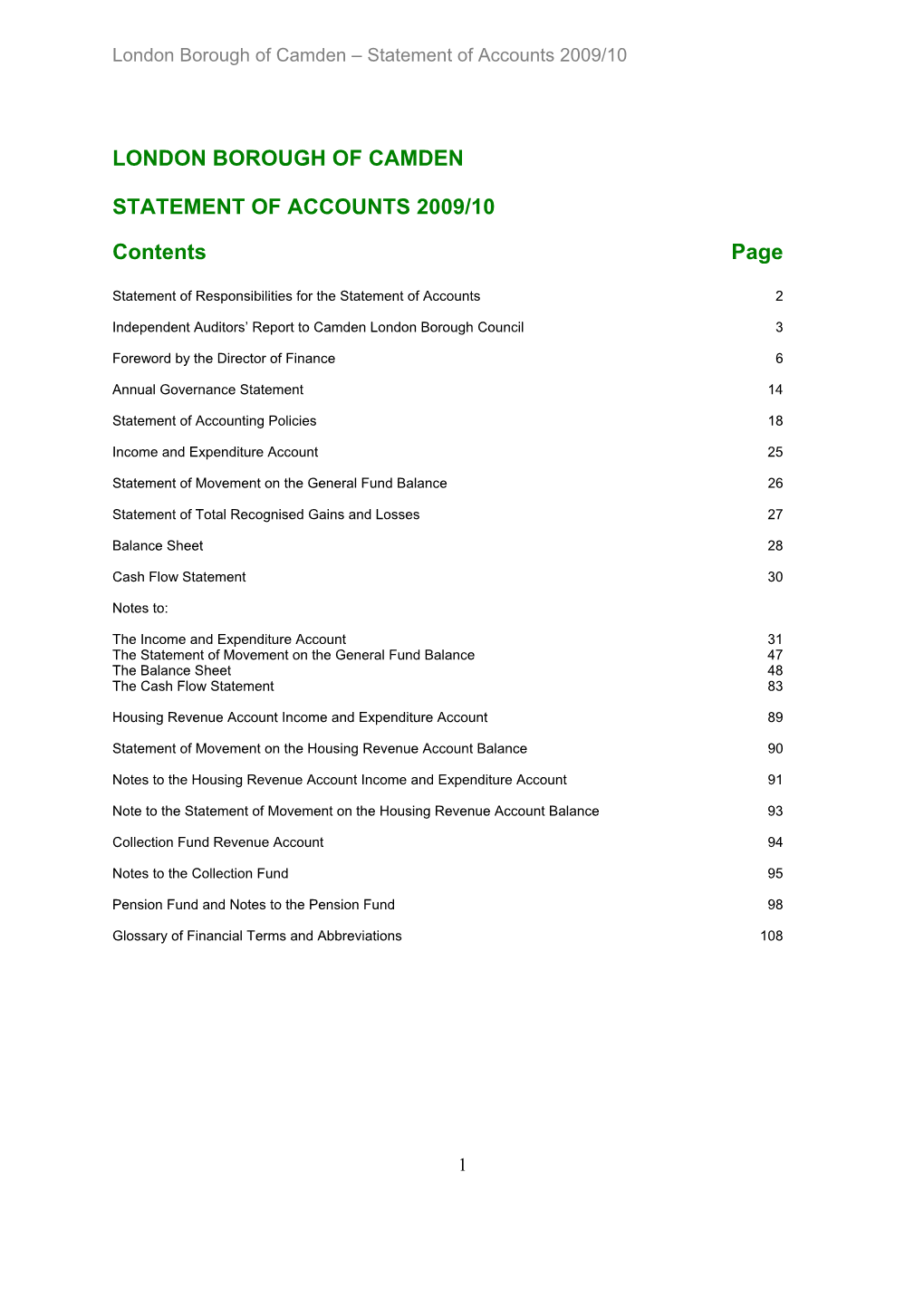 London Borough of Camden – Statement of Accounts 2009/10