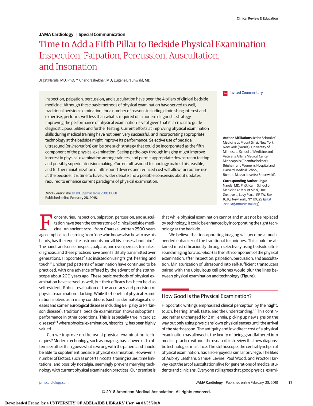 Time to Add a Fifth Pillar to Bedside Physical Examination Inspection, Palpation, Percussion, Auscultation, and Insonation