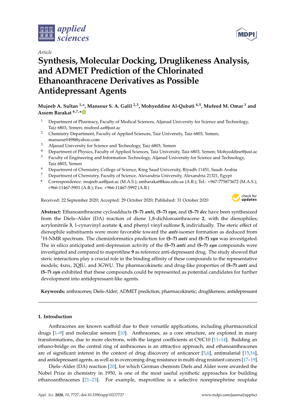 Synthesis, Molecular Docking, Druglikeness Analysis, and ADMET Prediction of the Chlorinated Ethanoanthracene Derivatives As Possible Antidepressant Agents