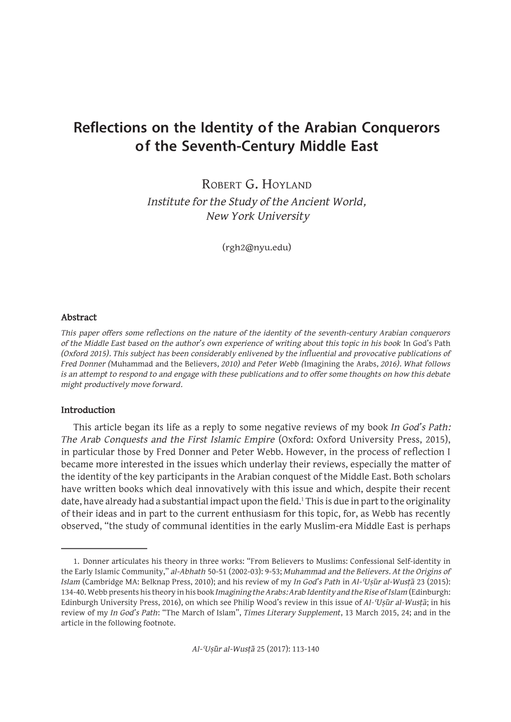 Reflections on the Identity of the Arabian Conquerors of the Seventh-Century Middle East