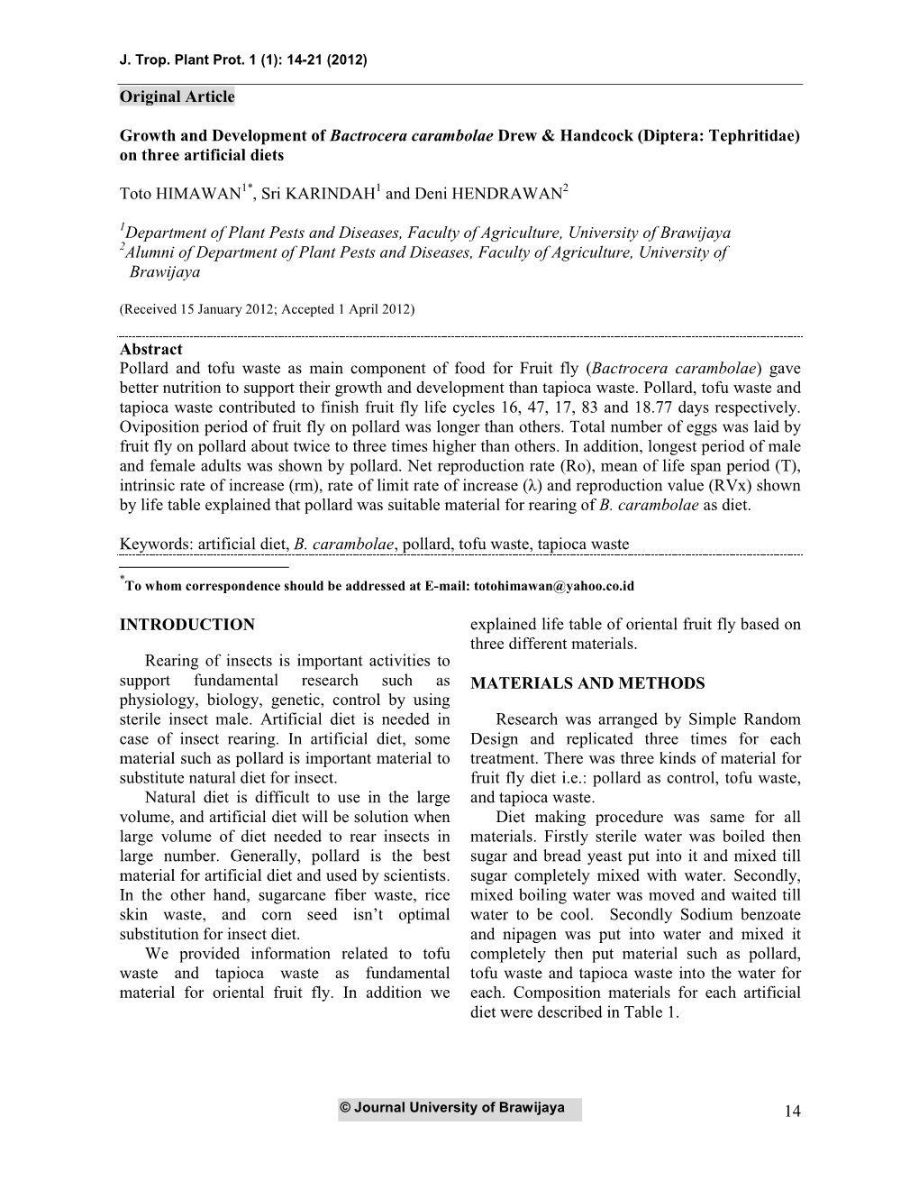 Diptera: Tephritidae) on Three Artificial Diets