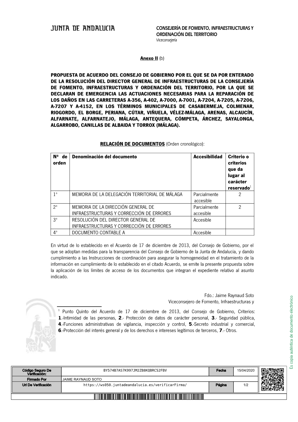 CONSEJERÍA DE FOMENTO, INFRAESTRUCTURAS Y ORDENACIÓN DEL TERRITORIO Anexo II (B) PROPUESTA DE ACUERDO DEL CONSEJO DE GOBIERNO