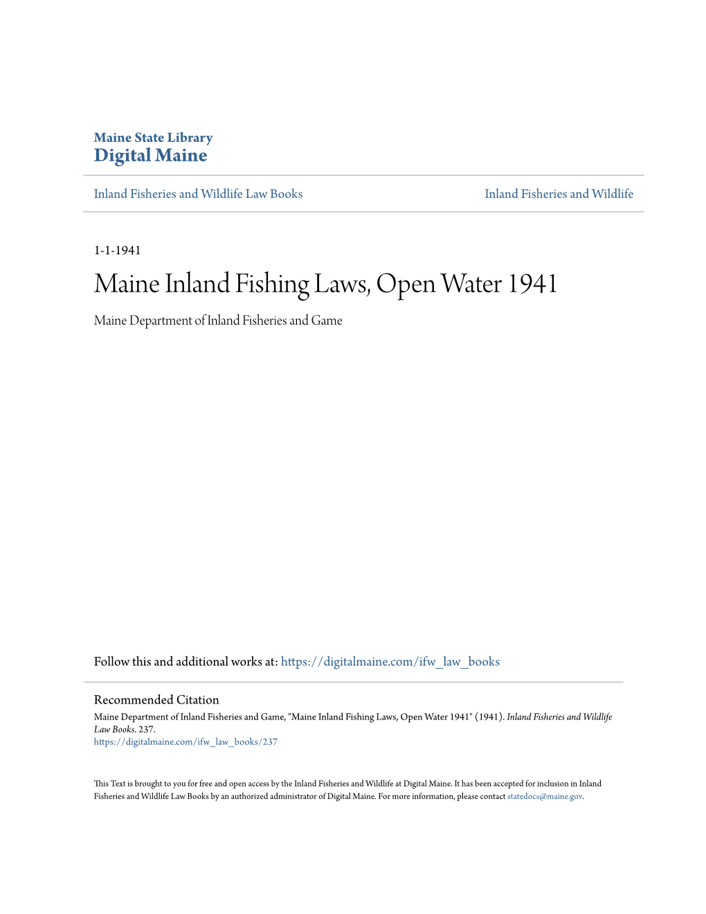 Maine Inland Fishing Laws, Open Water 1941 Maine Department of Inland Fisheries and Game