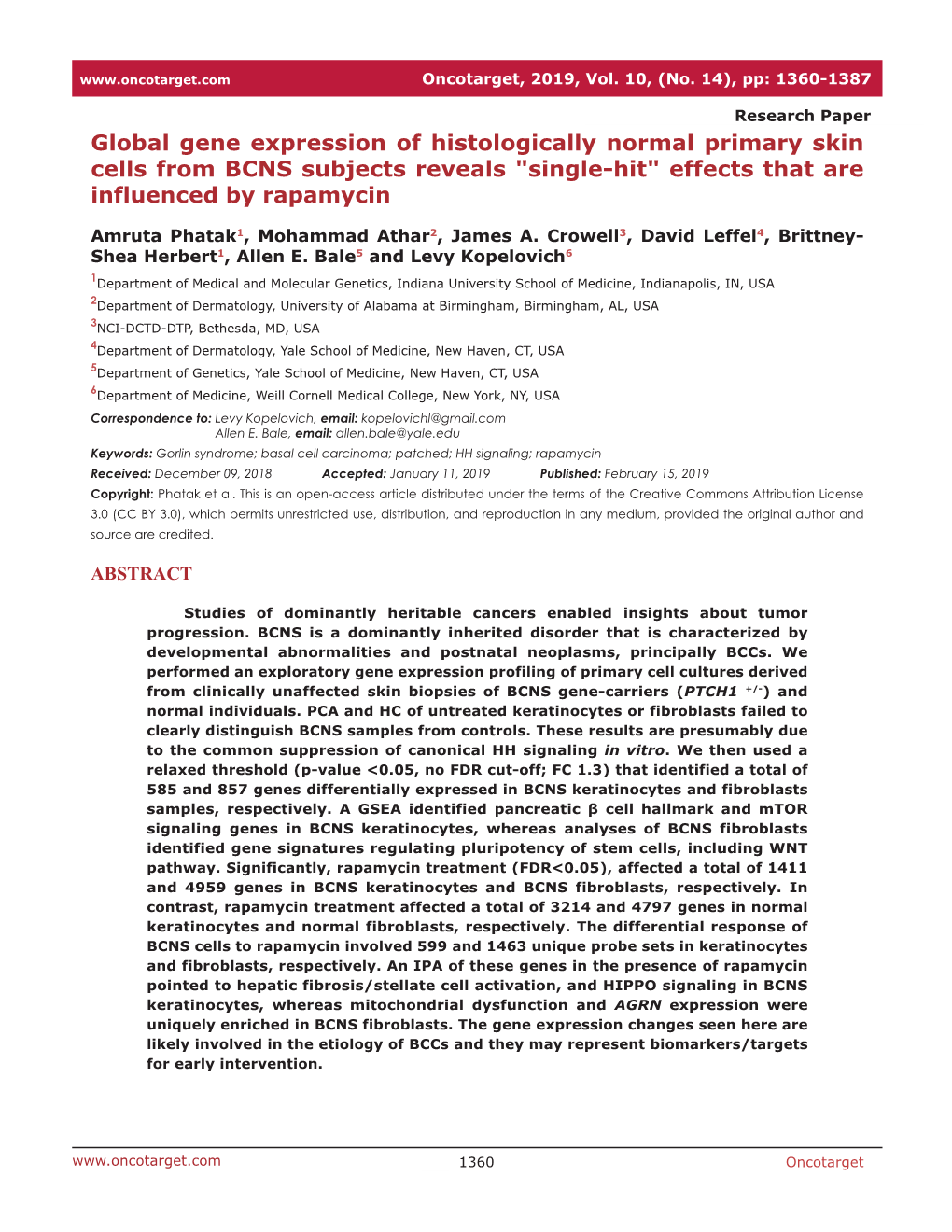 Global Gene Expression of Histologically Normal Primary Skin Cells from BCNS Subjects Reveals "Single-Hit" Effects That Are Influenced by Rapamycin