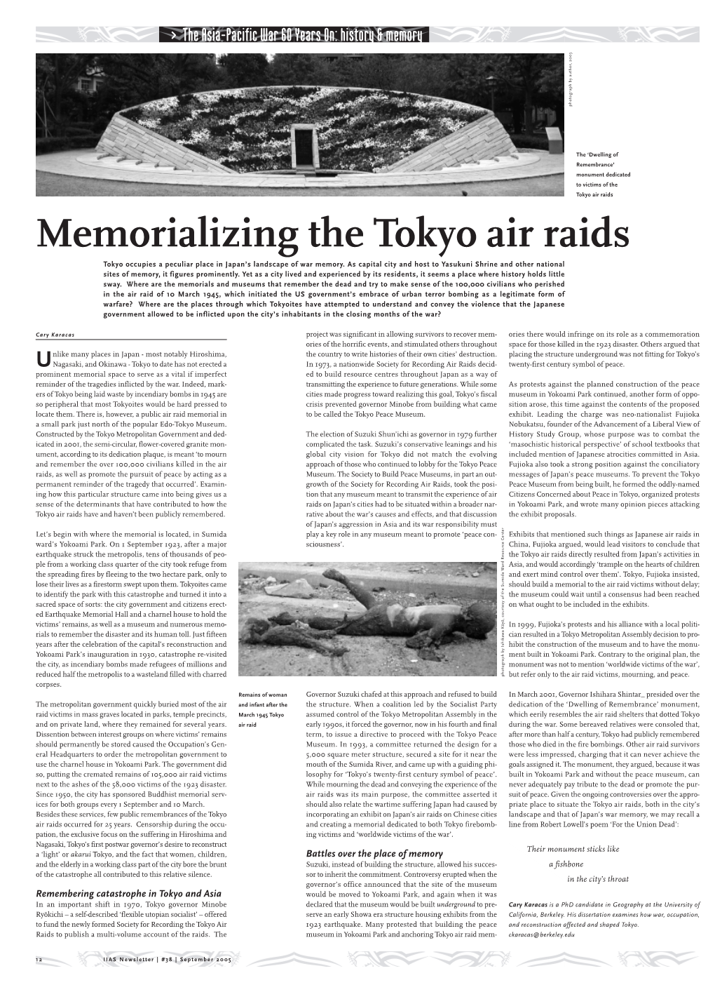 Memorializing the Tokyo Air Raids Tokyo Occupies a Peculiar Place in Japan’S Landscape of War Memory