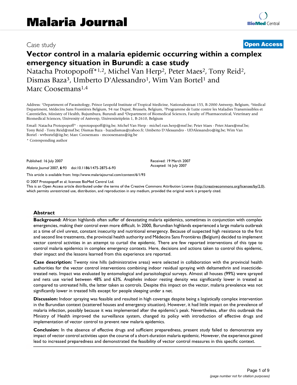 Vector Control in a Malaria Epidemic Occurring Within a Complex