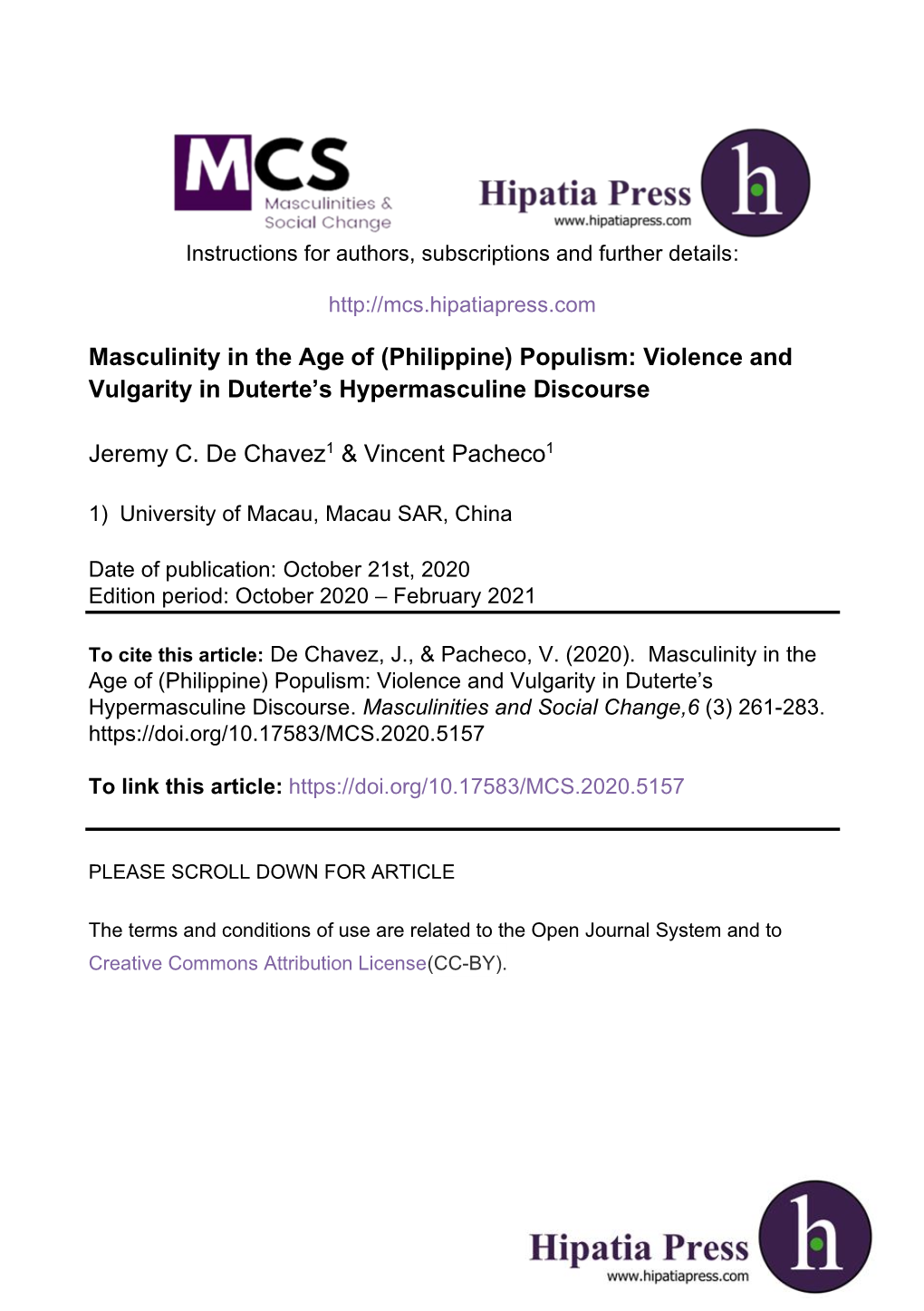 Philippine) Populism: Violence and Vulgarity in Duterte’S Hypermasculine Discourse