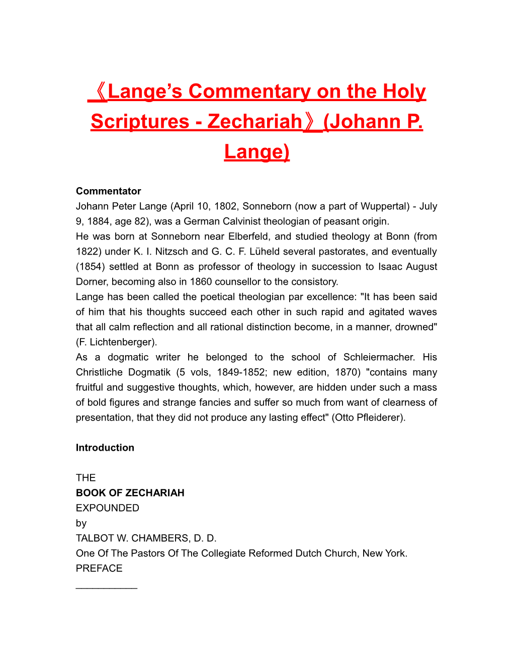 Lange S Commentary on the Holy Scriptures - Zechariah (Johann P. Lange)