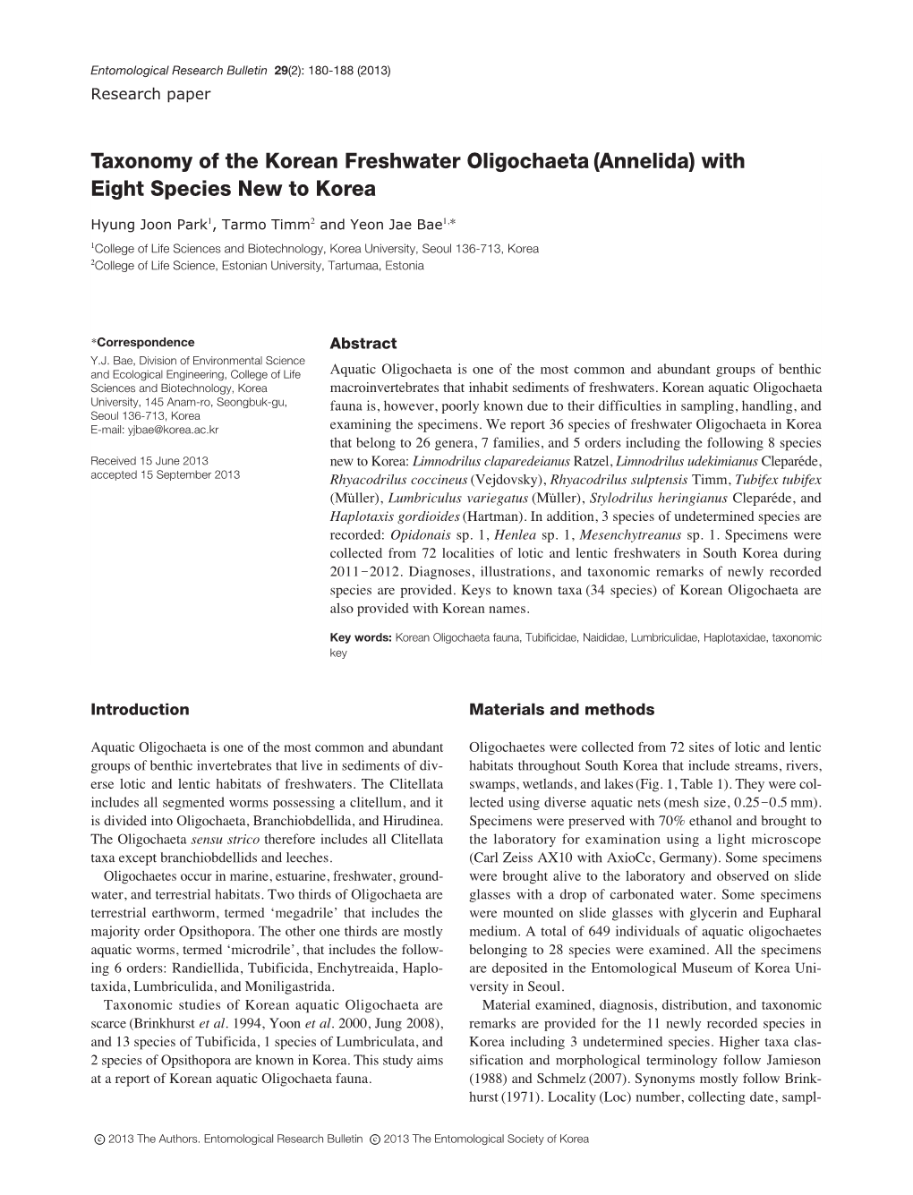 Taxonomy of the Korean Freshwater Oligochaeta (Annelida) with Eight Species New to Korea