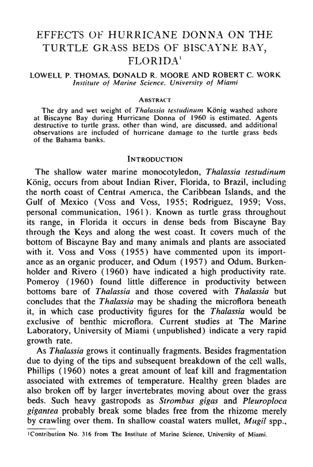 Effects of Hurricane Donna on the Turtle Grass Beds of Biscayne Bay