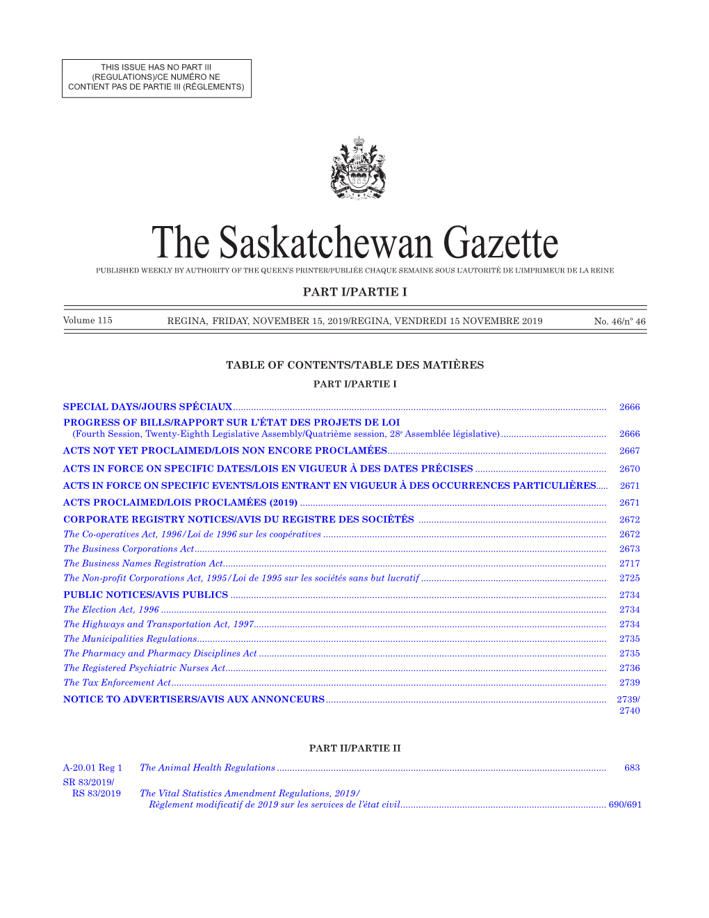 Gazette Part I, November 15, 2019