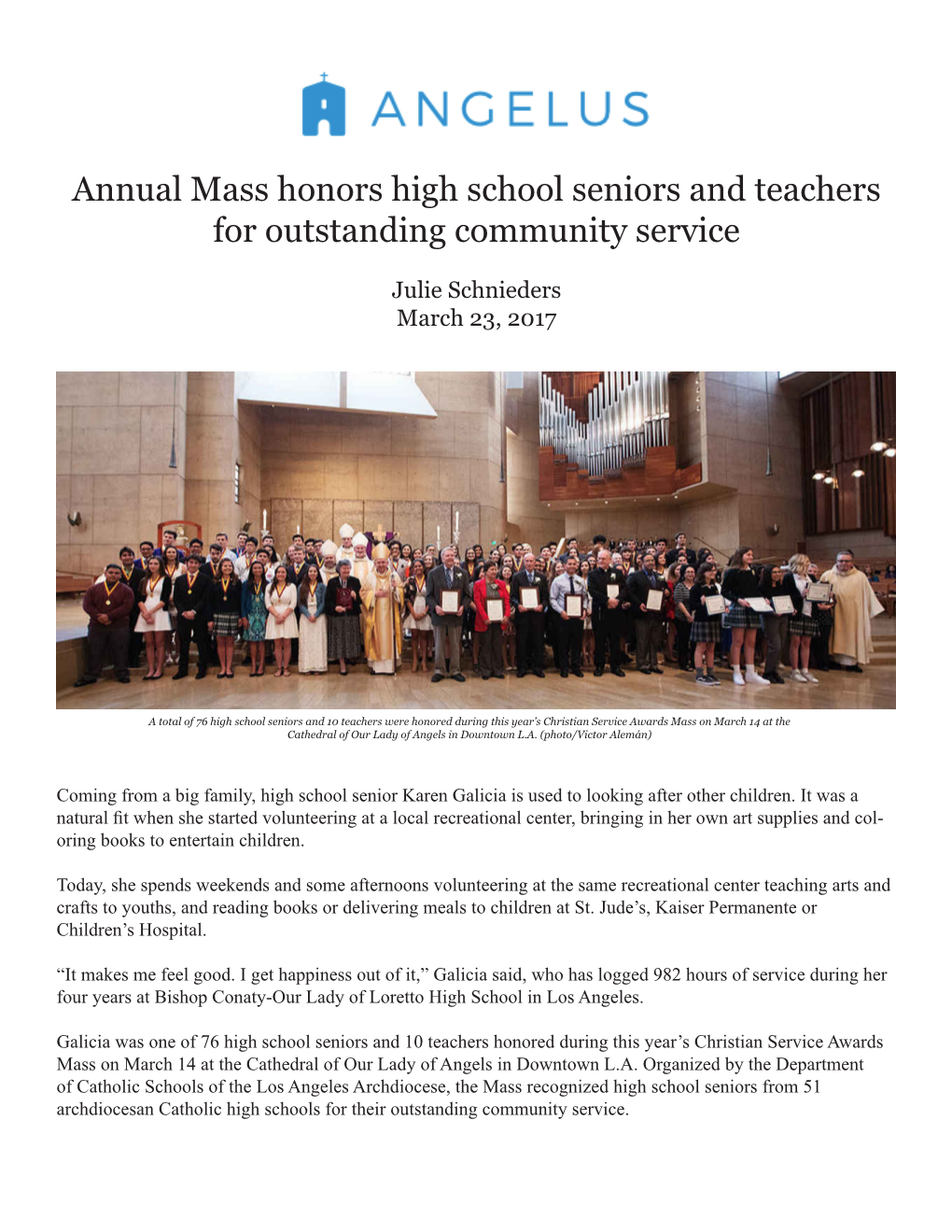 Annual Mass Honors High School Seniors and Teachers for Outstanding Community Service