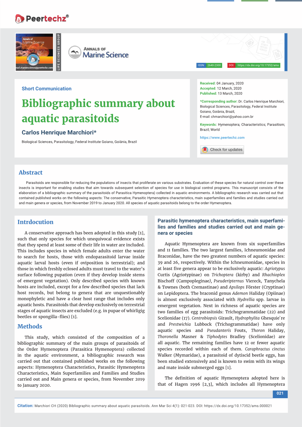 Bibliographic Summary About Aquatic Parasitoids