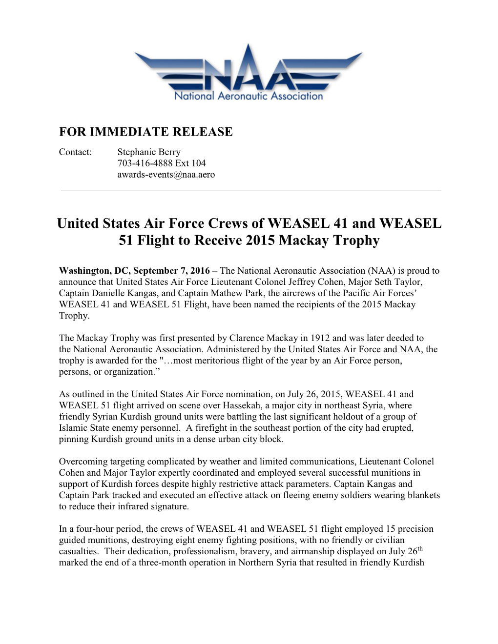 United States Air Force Crews of WEASEL 41 and WEASEL 51 Flight to Receive 2015 Mackay Trophy