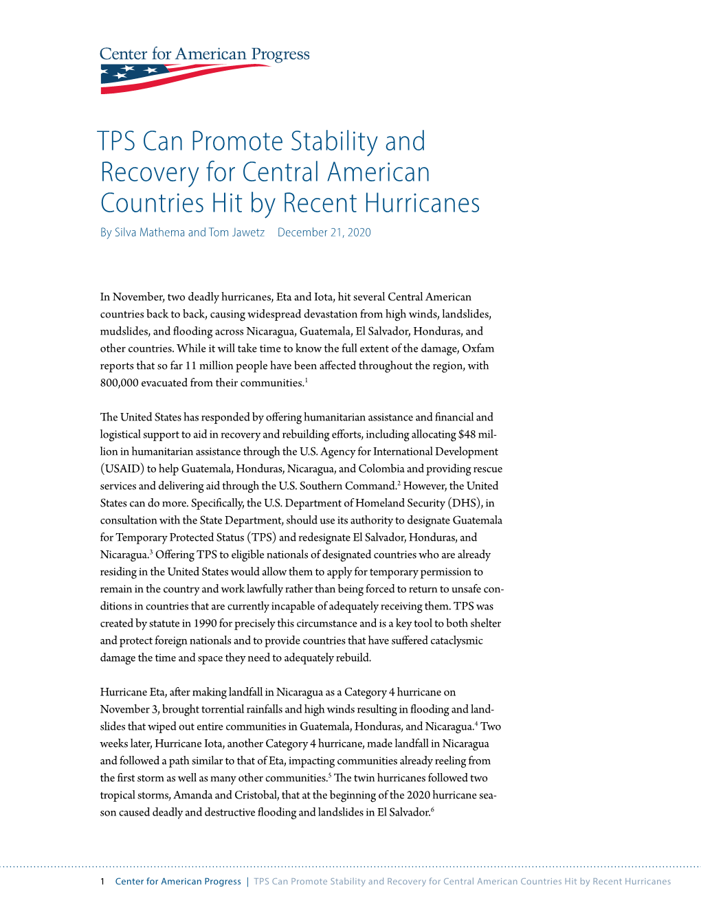 TPS Can Promote Stability and Recovery for Central American Countries Hit by Recent Hurricanes by Silva Mathema and Tom Jawetz December 21, 2020