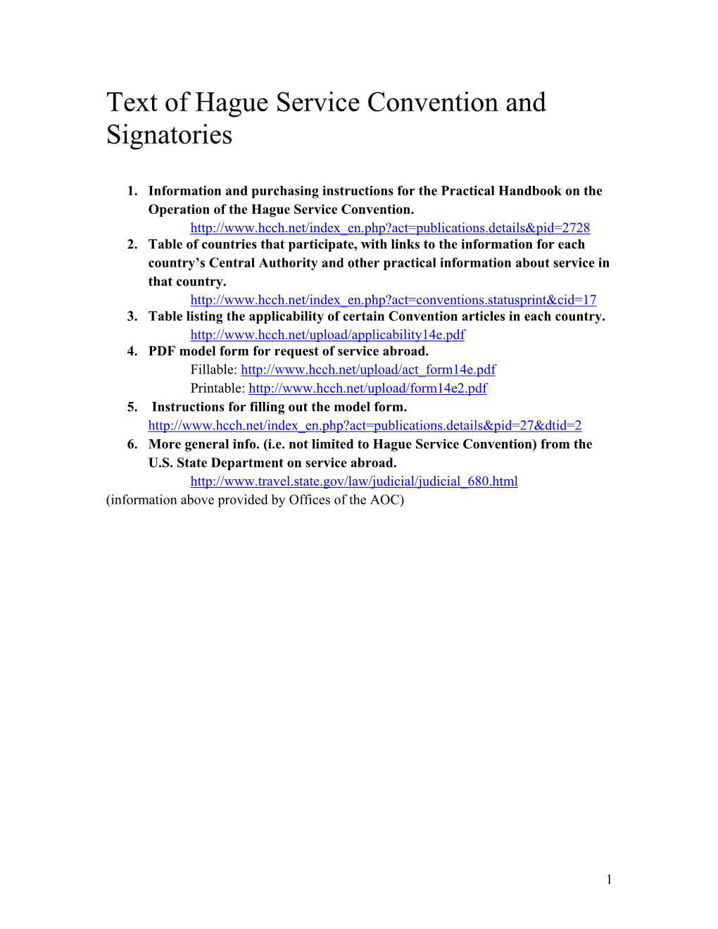 Text of Hague Service Convention and Signatories