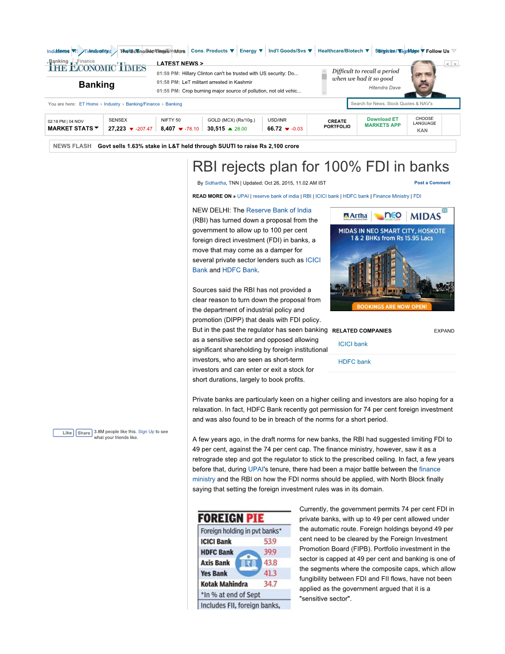 RBI Rejects Plan for 100% FDI in Banks