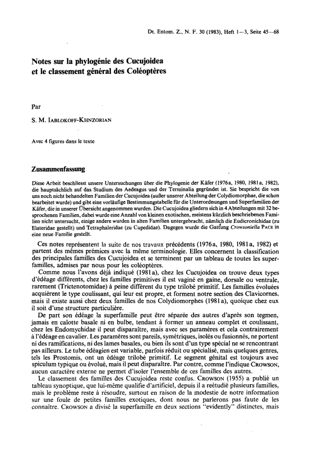 Notes Sur La Phylogénie Des Cucujoidea Et Le Classement