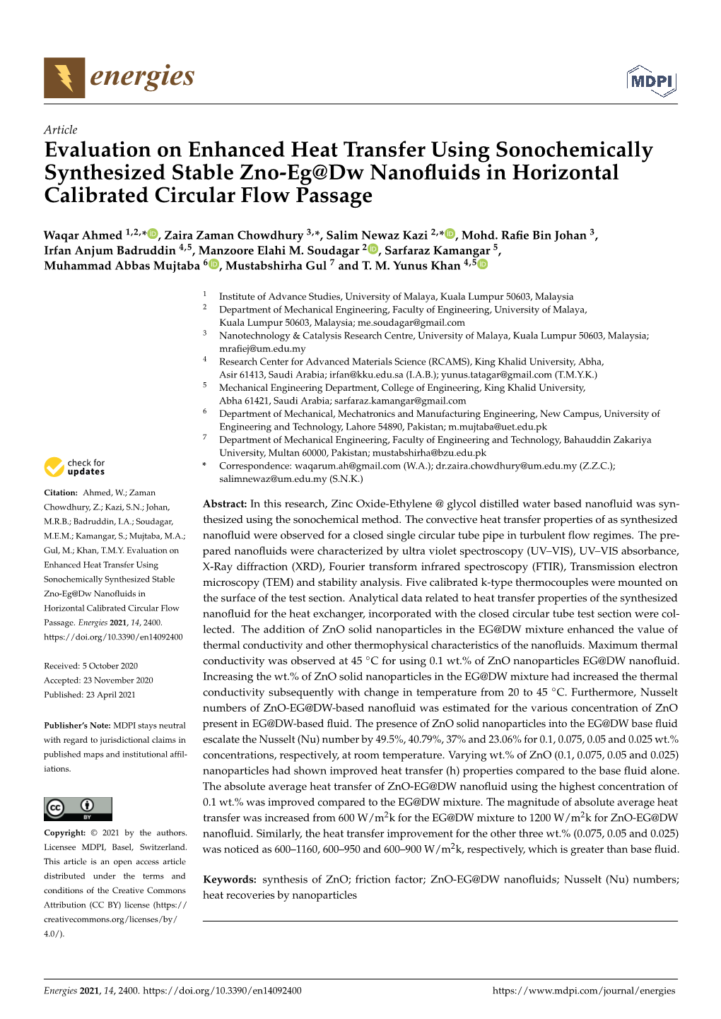 Evaluation on Enhanced Heat Transfer Using Sonochemically Synthesized Stable Zno-Eg@Dw Nanoﬂuids in Horizontal Calibrated Circular Flow Passage