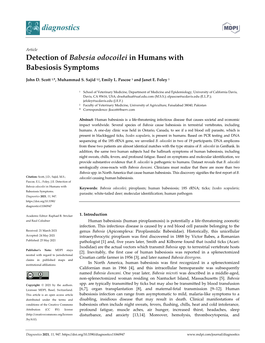 Detection of Babesia Odocoilei in Humans with Babesiosis Symptoms