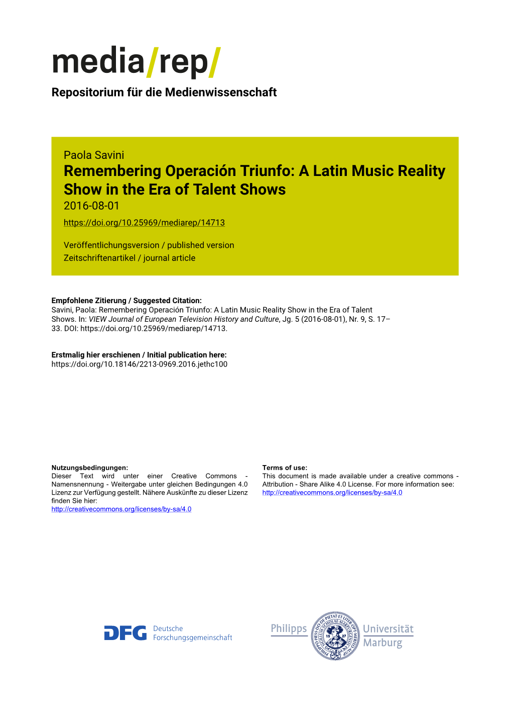 Remembering Operación Triunfo: a Latin Music Reality Show in the Era of Talent Shows 2016-08-01