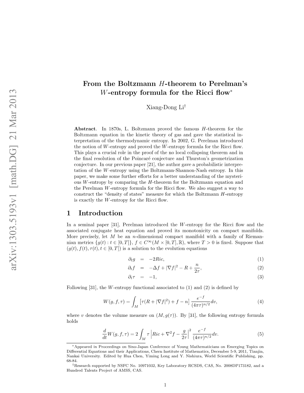 From the Boltzmann $ H $-Theorem to Perelman's $ W $-Entropy Formula for the Ricci Flow