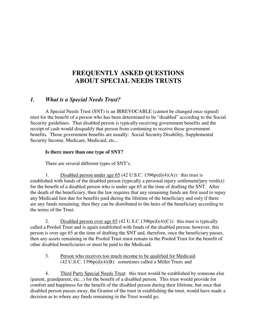 Frequently Asked Questions About Special Needs Trusts