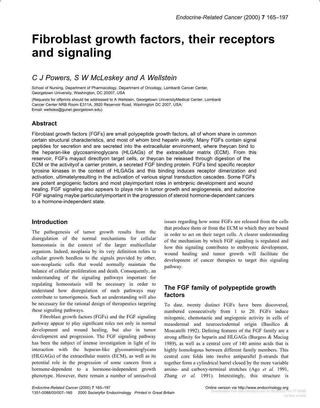 Fibroblast Growth Factors, Their Receptors and Signaling