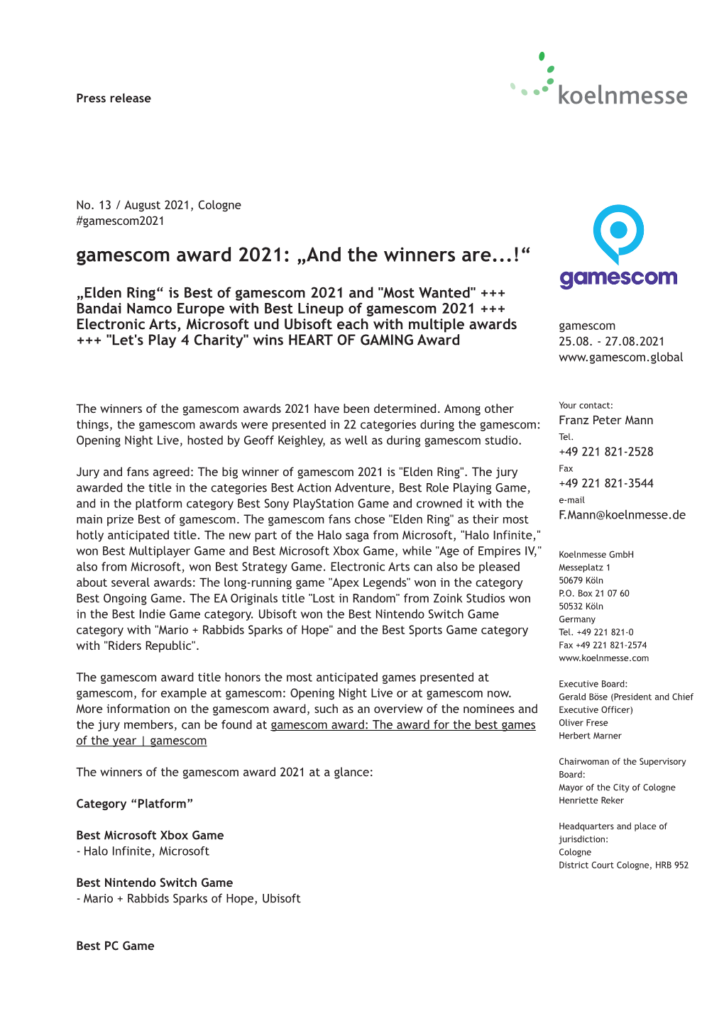 Gamescom Award 2021: „And the Winners Are...!“