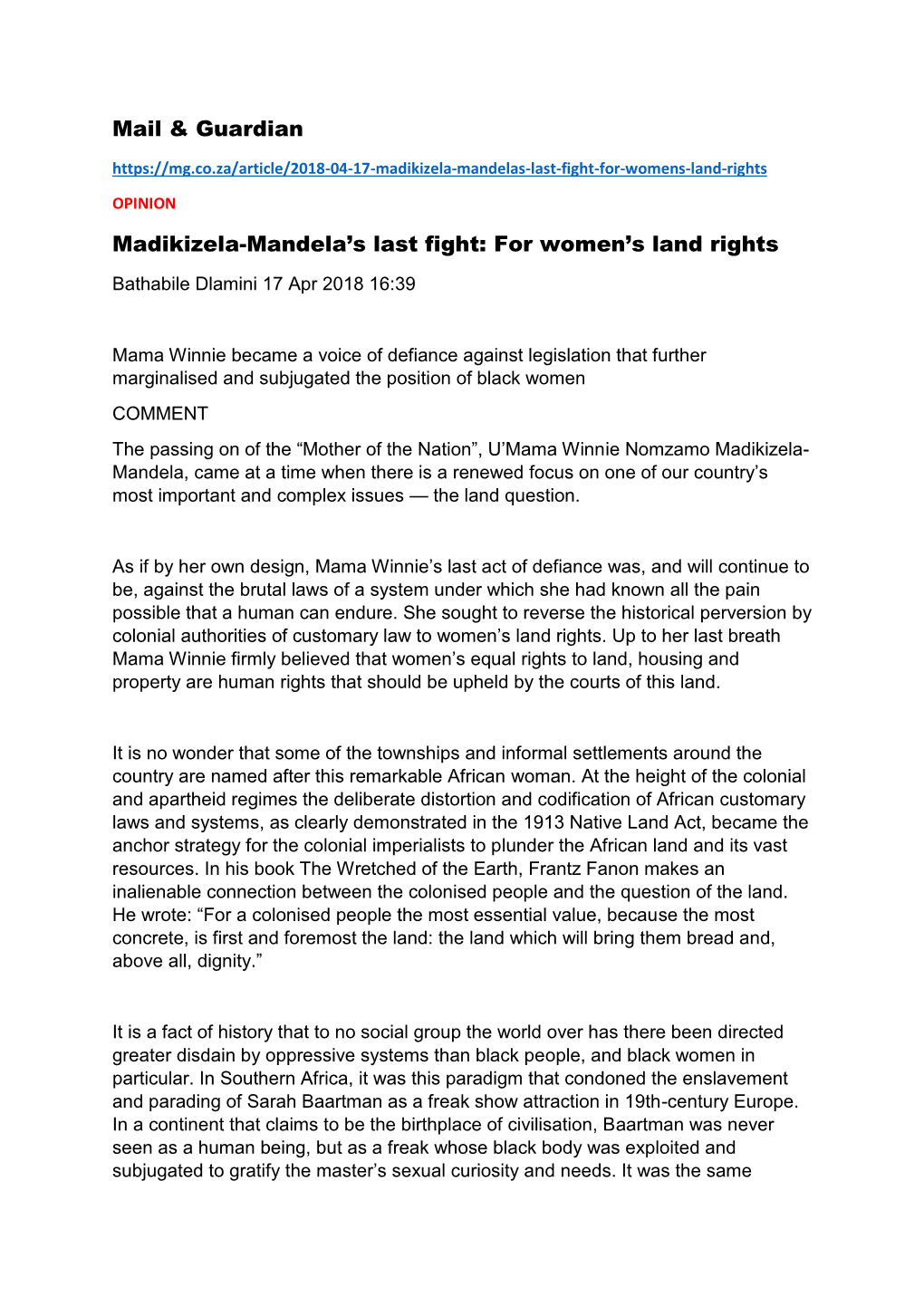 Mail & Guardian Madikizela-Mandela's Last Fight: For