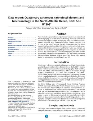 Quaternary Calcareous Nannofossil Datums and Biochronology in the North Atlantic Ocean, IODP Site U13081 Tokiyuki Sato,2 Shun Chiyonobu,3 and David A