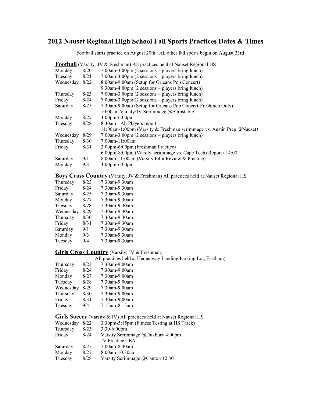 2010 Nauset Regional High School Fall Sports Practices Dates & Times