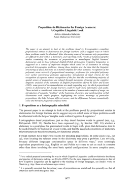 Prepositions in Dictionaries for Foreign Learners: a Cognitive Linguistic Look Arleta Adamska-Sałaciak Adam Mickiewicz University