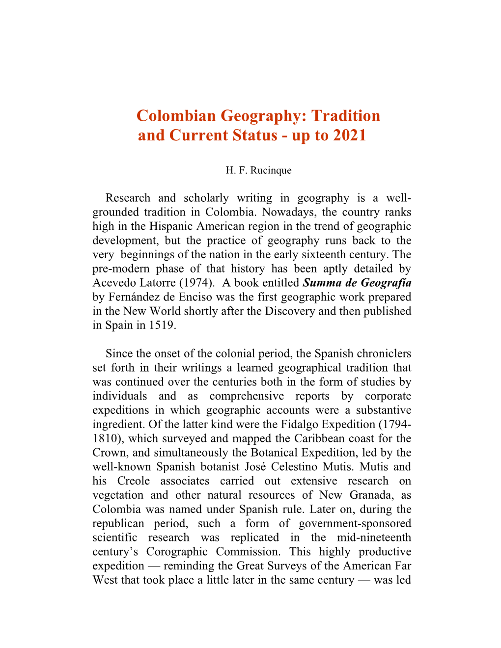 Colombian Geography: Tradition and Current Status - up to 2021
