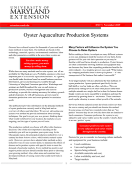 Oyster Aquaculture Production Systems